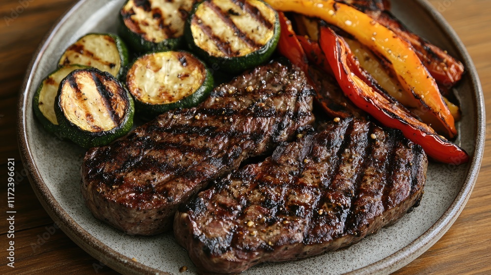 Poster grilled steak and colorful vegetables served on a rustic plate with a wooden background for a delici