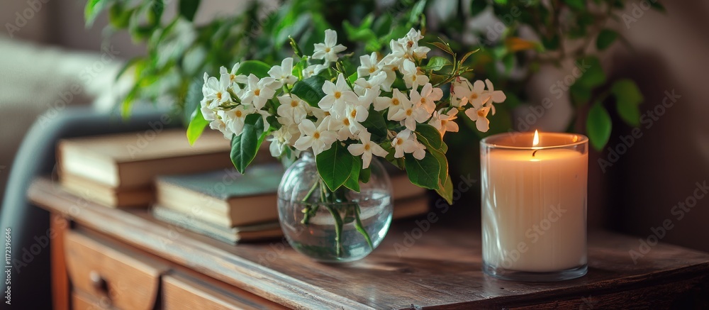 Aufkleber elegant jasmine bouquet in glass vase with books and candle on rustic wooden commode enhancing cozy 