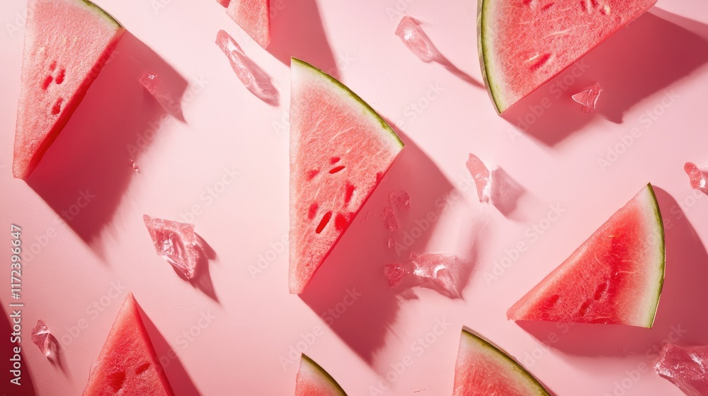 Poster Fresh watermelon slices scattered on a pastel pink background with ice cubes adding a refreshing summer touch to the composition.