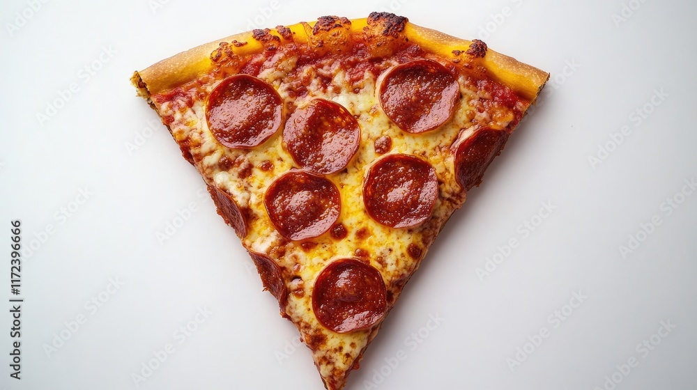 Poster overhead view of a classic pepperoni pizza slice on a clean white background showcasing its deliciou