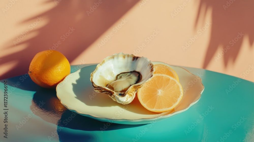 Poster oyster served on a plate with citrus fruits on a colorful table setting in vibrant light environment