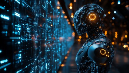 Digital artificial intelligence concept represented by a humanoid with glowing circuits, metallic body, and sleek design in a hightech futuristic setting