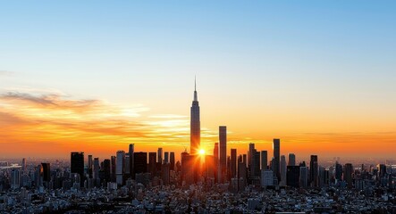 Fototapeta premium Stunning Sunset Over a City Skyline with Skyscrapers and a Tower Against a Clear Sky