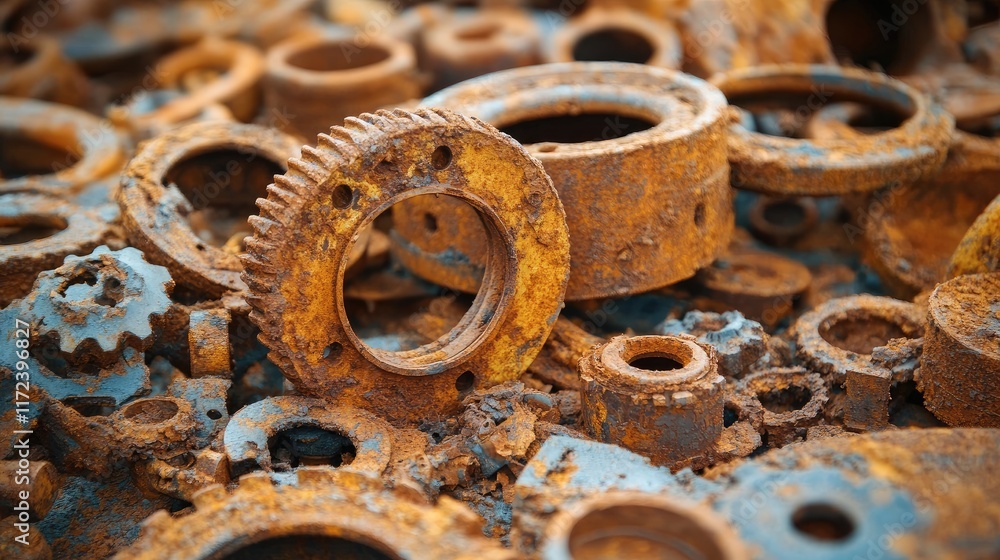 Poster closeup of corroded rusty metal parts showcasing intricate textures and details in a discarded indus