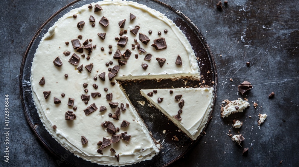 Poster overhead view of a delicious no bake cheesecake topped with chocolate pieces and partially sliced fo