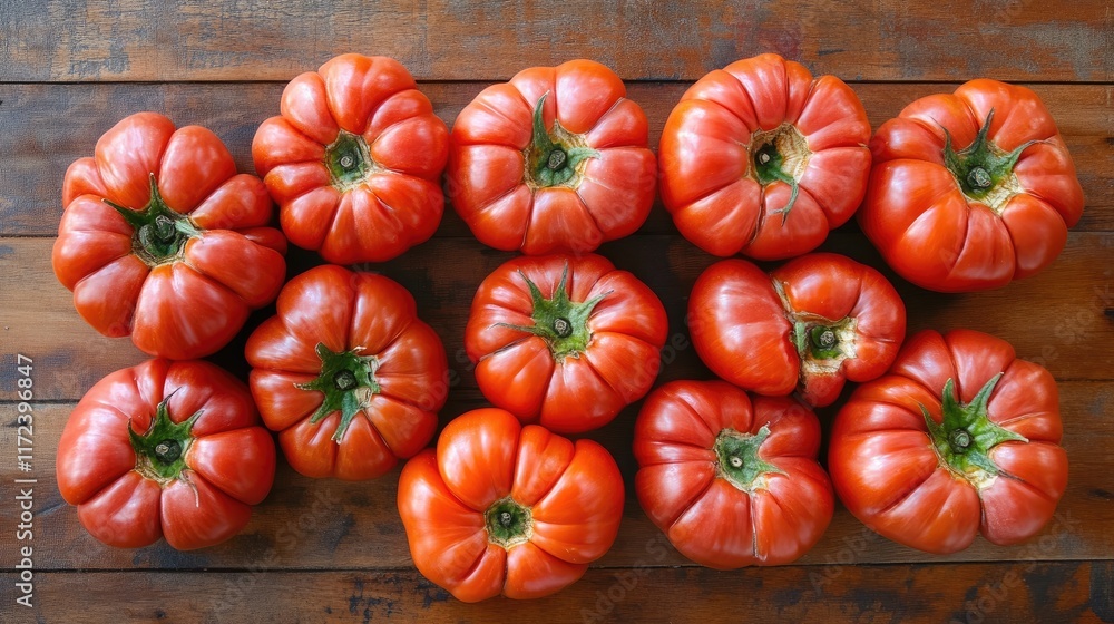 Aufkleber Overhead shot of vibrant red tomatoes arranged on a rustic wooden table creating a fresh and appetizing farm-to-table appearance