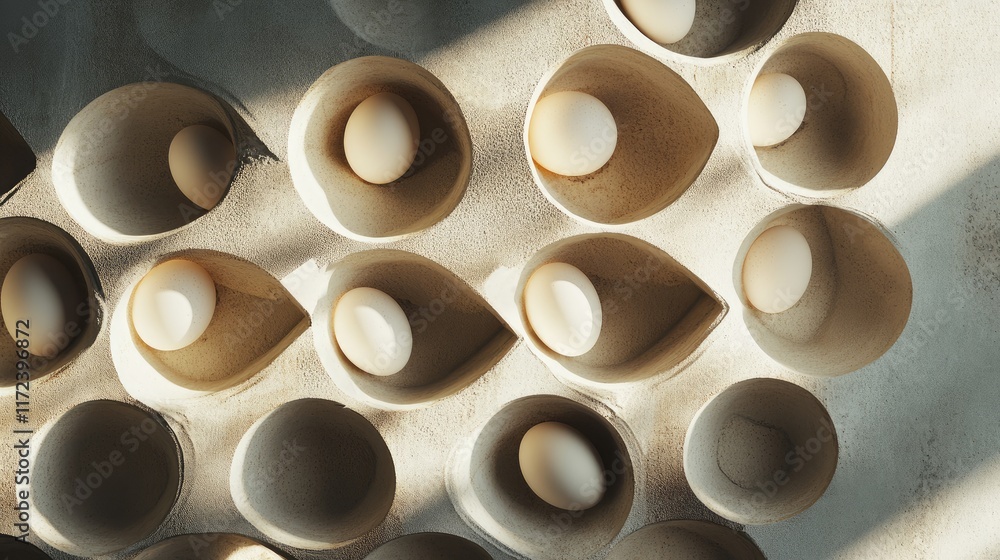 Poster Overhead view of empty egg carton with eggs arranged on a textured surface natural lighting and shadows