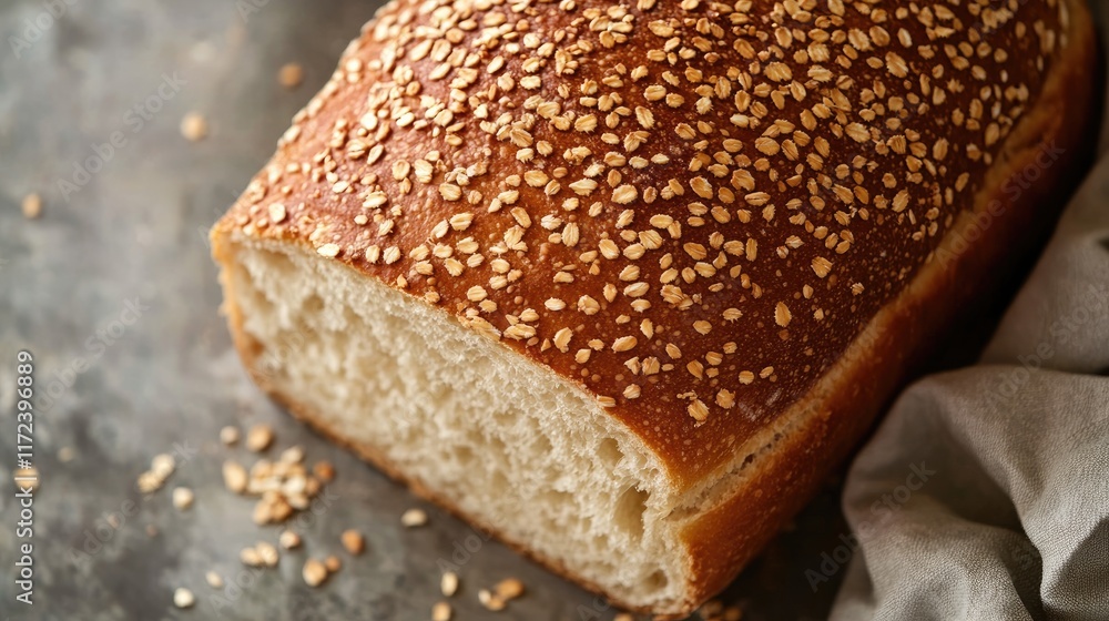 Poster sliced grain sourdough bread loaf topped with sesame seeds on a rustic surface