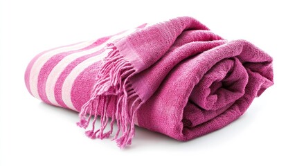 Pink beach towels with striped patterns rolled up on a white background perfect for summer vacation and beach essentials.