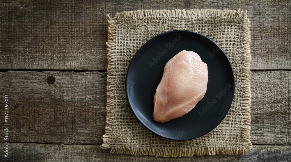 Poster overhead view of raw chicken breast on black plate placed on rustic wooden table with burlap mat fla