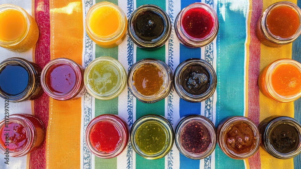 Poster Overhead view of colorful preserve jars arranged on a vibrant tea towel with striped patterns showcasing homemade jams and jellies