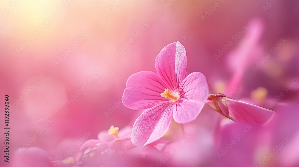 Poster Macro shot of delicate pink oxalis flower in a dreamy wildflower setting with soft focus background and vibrant bokeh effect.