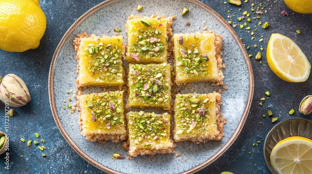 Poster overhead view of freshly baked lemon bars topped with crushed pistachio nuts on a decorative plate w