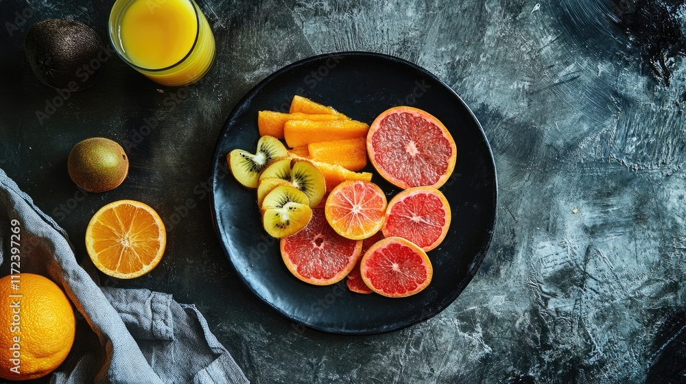 Aufkleber overhead view of a black plate filled with colorful sliced fruits and a glass of fresh juice on a te