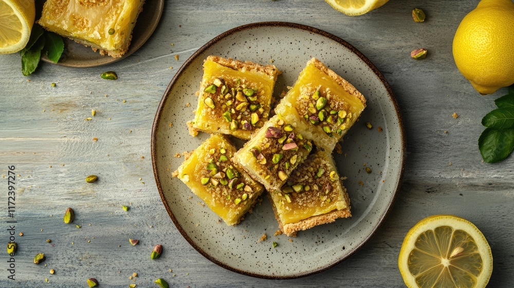 Aufkleber Overhead view of lemon bars topped with pistachio nuts on a rustic plate with fresh lemons and mint leaves present.