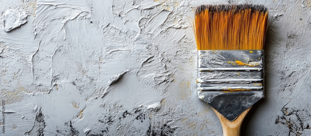 Poster painting brush leaning on textured wall representing creativity and the essence of artistic expressi
