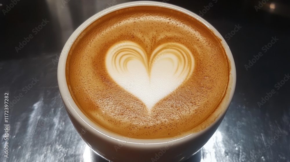 Aufkleber aesthetic overhead view of a latte featuring intricate heart design in steamed milk on a reflective 