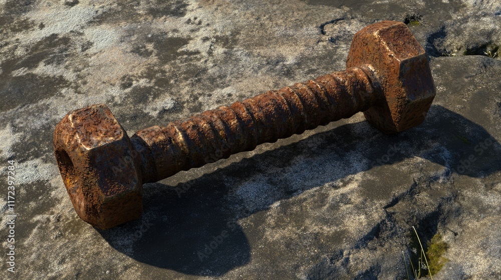 Poster rusty oxidized bolt resting on a textured rocky surface highlighting weathering and industrial decay