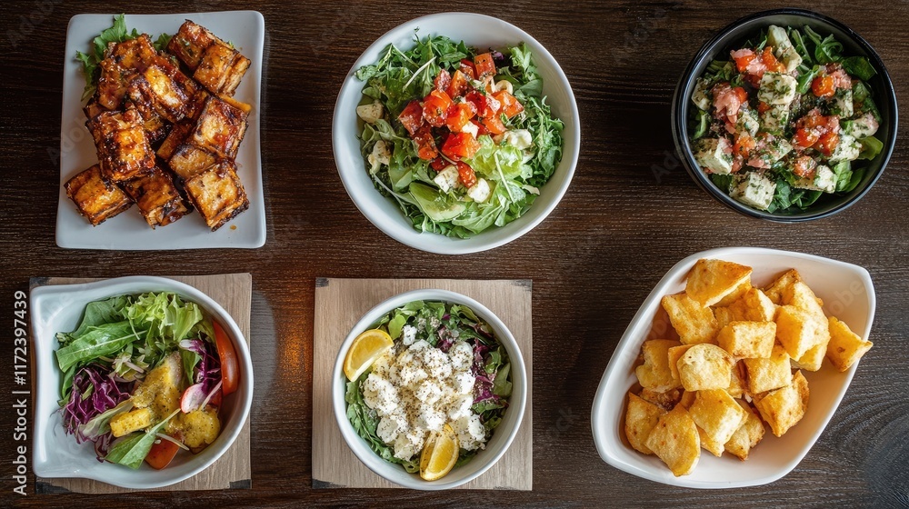Aufkleber colorful overhead view of fresh salads and delicious appetizers arranged on a wooden table for a vib