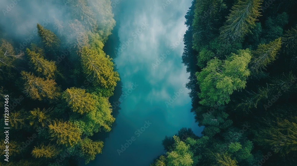 Poster aerial view of tranquil forest river surrounded by lush trees and misty reflections in serene natura