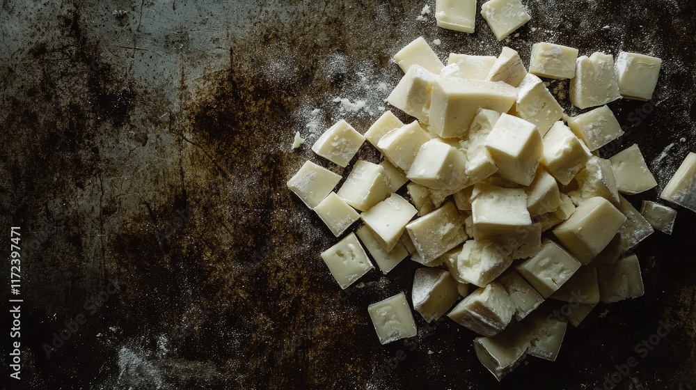 Poster Overhead view of cubed cheese on a textured surface showcasing a rustic culinary background and food preparation concept.