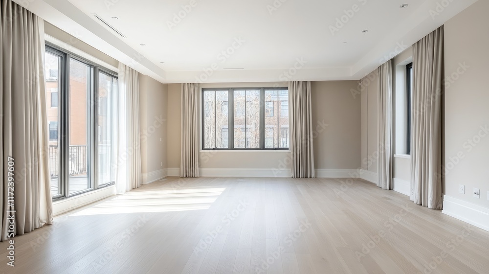 Poster Spacious vacant room with large windows neutral color palette and light wooden flooring ideal for customization and design projects
