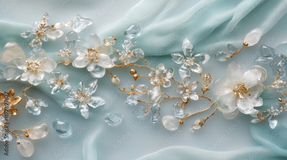 Poster Delicate floral arrangement featuring translucent crystals and soft fabric background creating an elegant and artistic composition