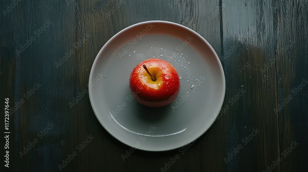 Poster Freshly washed red apple on a minimalist plate set against a dark wooden surface creating a vibrant and appetizing presentation.