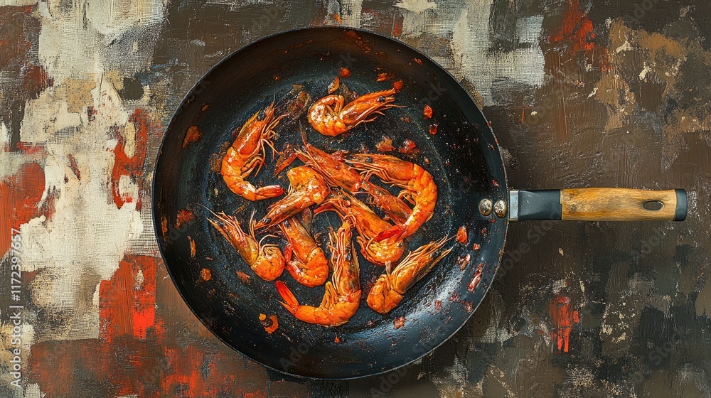 Poster Overhead view of beautifully cooked sautÃ©ed prawns in a frying pan on a textured artistic background