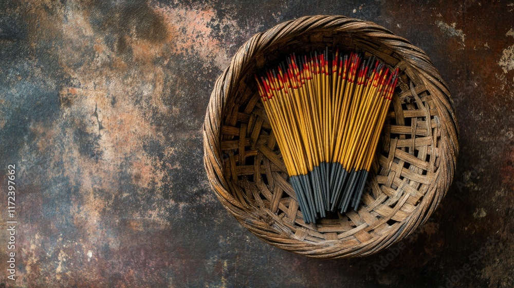 Poster Incense sticks arranged in a woven basket with a rustic background for tranquil ambiance and aromatic experiences