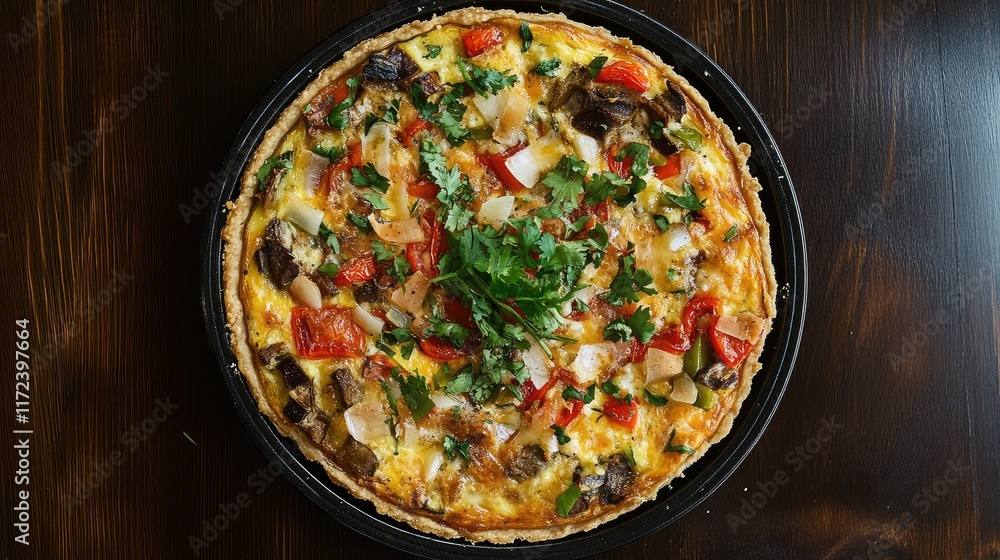 Aufkleber rustic overhead view of savory quiche topped with fresh herbs and colorful vegetables on a dark wood