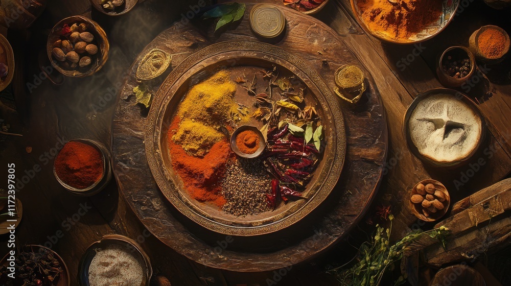 Aufkleber overhead view of a vibrant assortment of various spices arranged on a rustic wooden table for culina