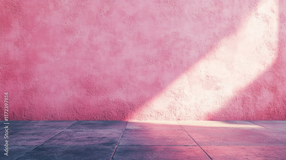 Poster Soft pink concrete wall with textured surface and sunlight casting shadows on the floor creating an inviting background for design projects.
