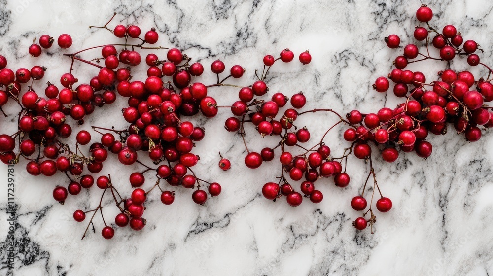 Poster overhead view of vibrant red berries scattered across a stylish marble countertop in an appealing na