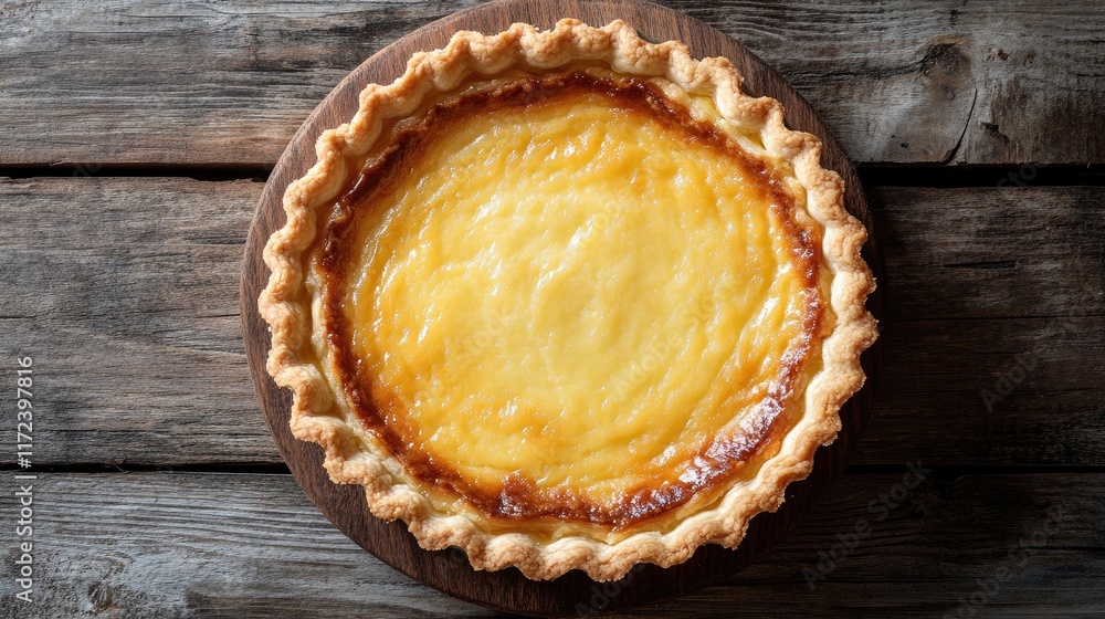 Poster overhead view of a freshly baked tart on a rustic wooden table showcasing its golden crust and smoot
