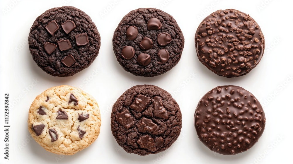 Poster Variety of chocolate cookies displayed from overhead showcasing different textures and toppings on a clean white background
