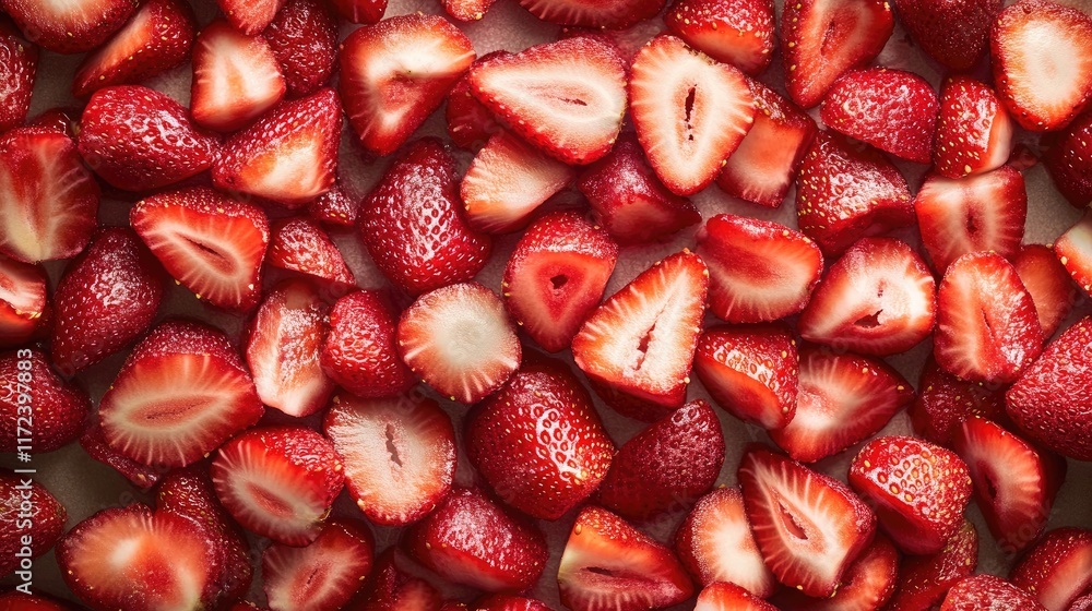 Poster overhead view of freshly sliced strawberries arranged neatly on a white surface perfect for food ill