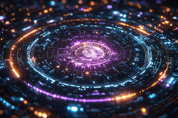 Glowing circular portal, digital space, energy flow, blurred background, tech visualization