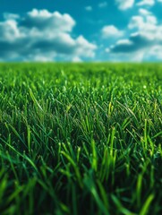 Obraz premium A close-up view of lush green grass under a bright sky with fluffy clouds.