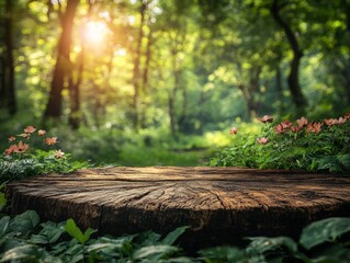A serene forest scene featuring a wooden stump surrounded by flowers and lush greenery.