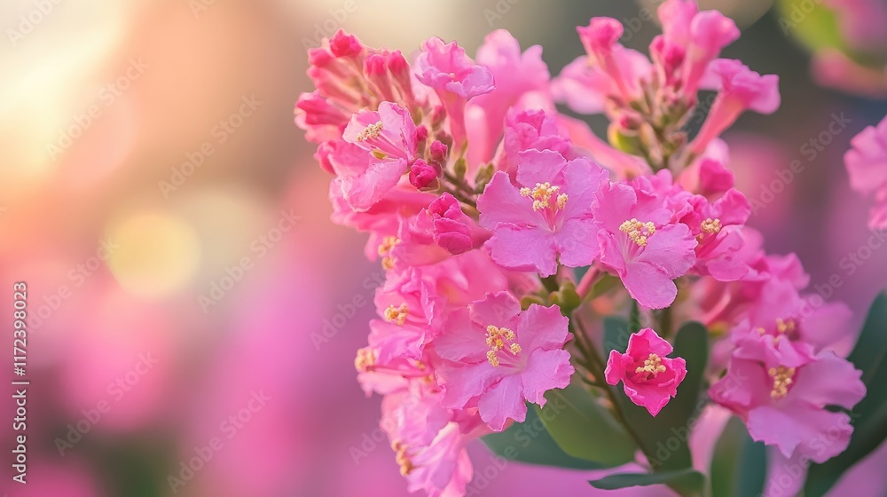 Aufkleber vibrant pink crape myrtle petals in soft sunlight creating a beautiful floral background for design 