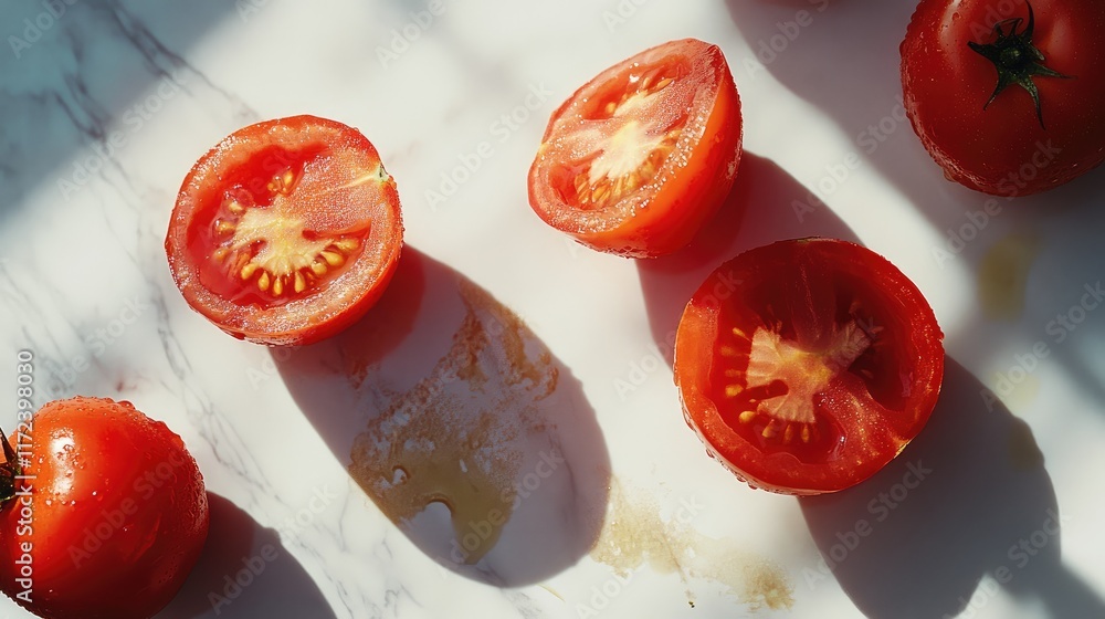 Poster overhead view of fresh whole and sliced tomatoes with shadows on a light marble surface capturing vi