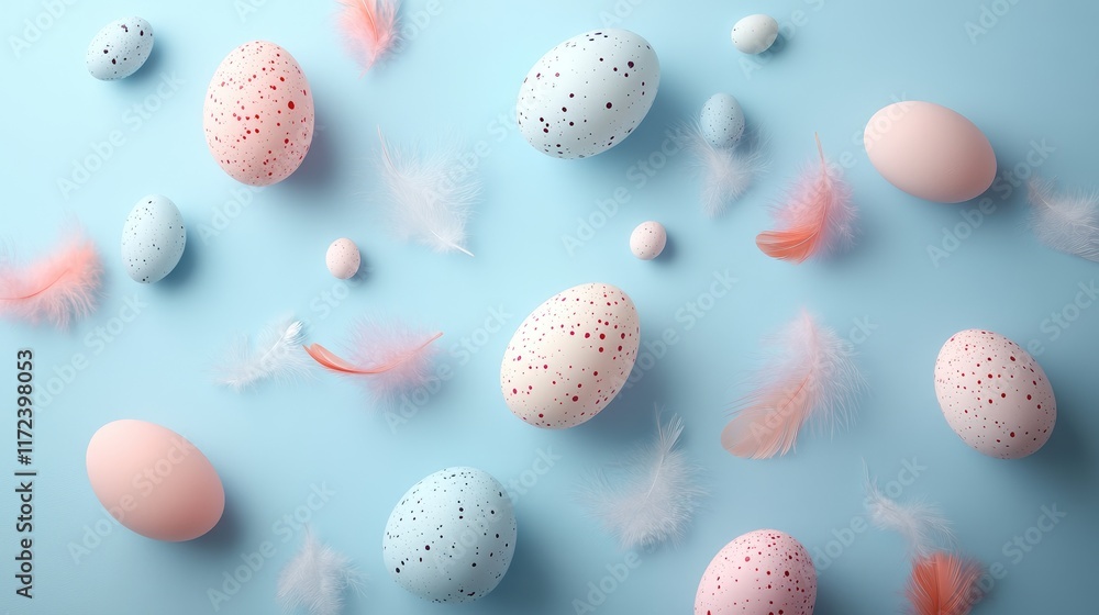 Poster Overhead view of pastel colored Easter eggs and soft feathers on a light blue background for spring celebrations and festive decor.