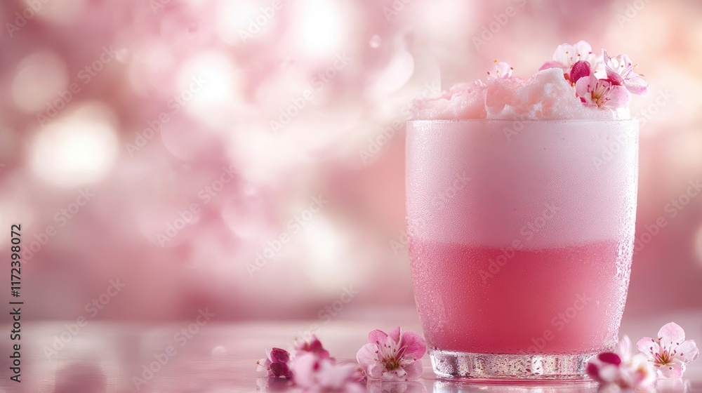 Poster pink cocktail with fluffy foam and pink flower garnish set against a dreamy blurred background in an
