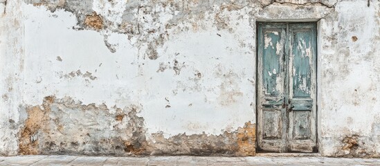 Weathered white wall with cracked paint revealing textured layers and an old wooden door highlighting the passage of time and neglect