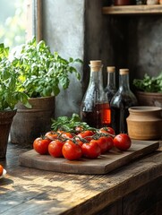 Fresh tomatoes and herbs on a wooden table, creating a rustic kitchen ambiance.