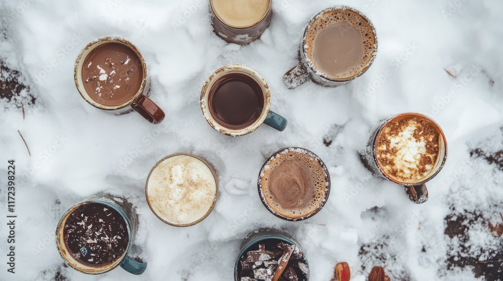 Poster Overhead view of assorted hot chocolate mugs arranged on snow-covered surface in winter setting