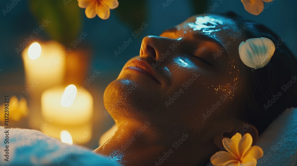 Poster relaxing facial spa treatment with flowers and candles creating a serene ambiance for wellness and r