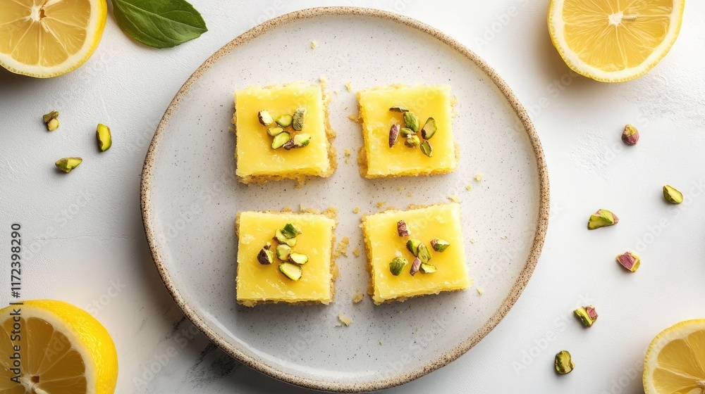 Poster overhead shot of delicious lemon bars topped with chopped pistachios on a decorative plate surrounde