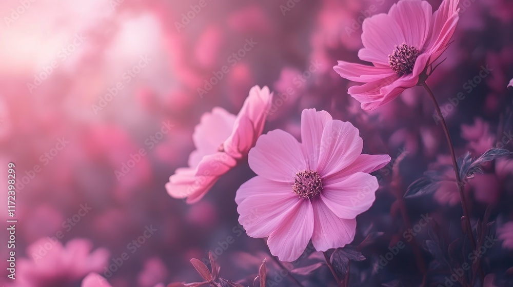 Poster delicate pink cosmos flowers in full bloom with a soft dreamy background creating a serene garden at
